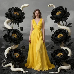 beautiful yellow woman, symmetrical portrait, realistic, full body, black peonies, white snakes wrapped around the sky, rich details, by wlop