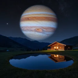 a beautiful double exposure of an astrophotography image of jupiter, and a night time landscape with mountains, reflecting pool, wooden chalet, lpoty, award winning, apod