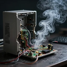 a broken computer smoke coming out of it, circuitry, and wires exposed, 4k