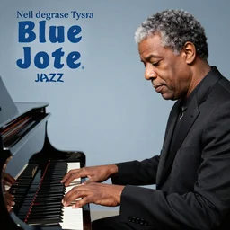 blue note jazz album cover of neil degrasse tyson playing piano