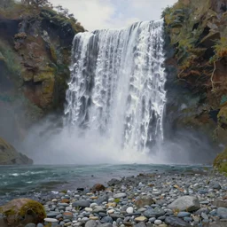 a waterfall cascading onto a pebble beach, extremely detailed oil painting, unreal 5 render, digital art, landscape painting, octane render, beautiful composition, trending on artstation, award winning photograph, masterpiece
