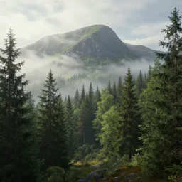 beautiful swedish forest from the view of a mountain, (misty), landscape fantasy art, Octane Render, Unreal Engine, highly detailed, by Greg Rutkowski, by James Gurney, by Afremov