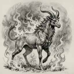 turned three quarter view, full body shot of hoofed demon with horns in asymmetric pose, engulfed in flames, detailed greyscale drawing by Dominik Mayer