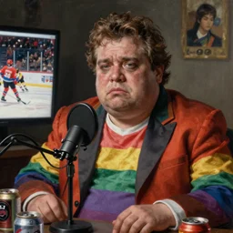 hyper realistic sad portrait of a hugely fat ugly don cherry, don cherry old degenerate watching fox hockey fights, gay pride suit, alone recording podcast surrounded by beer cans, portrait dnd, painting by gaston bussiere, craig mullins, greg rutkowski, yoji shinkawa