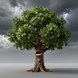 a tree with mouth and arms, dark and cloudy, thunderstorm, monster, very detailed colored pencil drawing, fantasy, masterpiece, trending on artstation, scary
