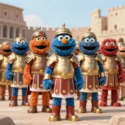 sesame street characters wearing armor in a roman phalanx in ancient rome