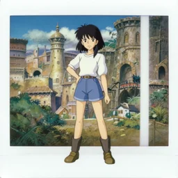 full body polaroid portrait of a 1 9 8 0's ( disney style ) achiologist girl posing at an ancient city, finely detailed features, perfect art, gapmoe yandere, trending on pixiv fanbox, painted by makoto shinkai takashi takeuchi studio ghibli, akihiko yoshida, craig mullins