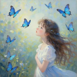 a beautiful painting of wonderland, blue butterflies flying, girl, by greg rutkowski, trending on artstation