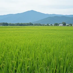 bright green rice fields with blue mountains in the background, wide view, 4k, hyperrealistic, unreal engine, trending on artstation