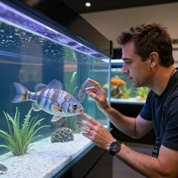 ray romano studying catfish in an aquarium, hyperrealistic, 3 5 mm lens