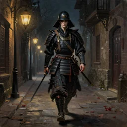 Victorian Gothic Samurai, walking down an old lantern lit street, hd, intricate, bloodborne, 4k, realistic oil painting