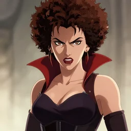 scarlett johansson with angry expression as vampire in afro samurai anime. dramatic lighting, anime style, pencil and ink manga drawing, centered in panel, 3 panel action scenes