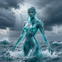 ninja made of water, female made of liquid, rising up from ocean, water armor, high detail, high contrast, close up portrait, studio lighting, stormy seas, beautiful, bokeh, snowy, storm clouds, god rays, d & d, fantasy, elegant, aquamarine color palette, concept art, annie leibovitz, roger deakins and greg rutkowski and alphonse mucha