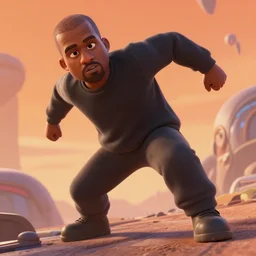 a photo of kanye west by pixar, detailed, dynamic perspective, afrofuturistic, orange sky, realistic shading, mixed media, rendered in renderman