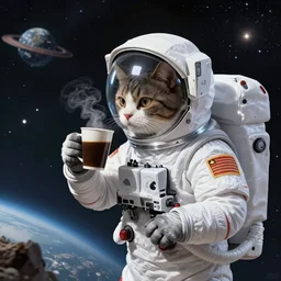 An epic fantastic realism comic space,astronaut cat take drinking coffee in profile , hyperrealistic, dynamic lighting