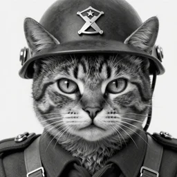 A soldier cat in world war one, close-up, black and white, amazing digital art, hyper detailed, artstation, in the style of Tony Sart