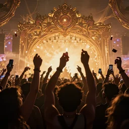 crowd partying with their hands up at a festival, some lighters in the air, some cellphones in the air filming, silhouette, digital art, trending on artstation, 4k, unreal engine, intricate, ornate