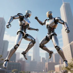 two cyborgs fighting in the sky over nyc