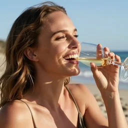 color photo still of natalie portman drinking wine on the beach, sunny day, laughing, close up, detailed