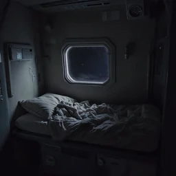 interior view of a space pod bed in wall, small window to see space, tight space, claustrophobic, messy blankets, dark colors, minimal light, tight angle, dim lighting, muted colors, by makoto shinkai takashi takeuchi studio trigger