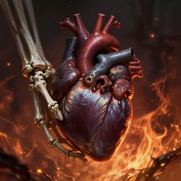 anatomically correct heart in skeleton hand, darkness, hyper realism, mystery, scared, fantasy, dark, highly detailed, digital painting, fire background, concept art, sharp focus, illustration, epic light, artstation