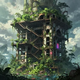 a beautiful hyperdetailed anime illustration of abandoned industrial architecture unfinished building nature architecture stairwell by winslow homer, magic realism neon signs rainforest architecture island cgsociety hyperrealism sci - fi bladerunner 2 0 4 9, archdaily, wallpaper, highly detailed, trending on artstation.