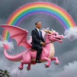 barack obama riding a pink dragon breathing rainbows, 8k, hyperrealism, magic