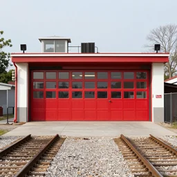 a fire station, railway tracks inside it