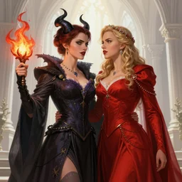 a beautiful and detailed illustration of a lesbian wedding between emma watson as an evil pyromancer and scarlet johansson as a red mage, in the style of magic the gathering, highly detailed, digital painting, unholy union, white church background, god rays, sharp focus, volumetric lighting, octane render, 8 k, award winning, art by rebecca guay and by arthur rackham and by alphonse mucha and by john william waterhouse