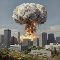 mushrooom cloud from a nuclear explosion in a gray city, skyscrapers and large gray buildings, seen from a hilltop with colorful flowers and grass in the foreground, highly detailed, cinematic, digital art, soft lightning, muted colors, cgssociety, artstation hq, 8 k, hyperrealistic, oil painting by greg rutkowski, by artgerm, by wlop