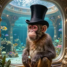 monkey wearing a very tall top hat, visiting an extremely detailed ornate stunning beautiful futuristic aquarium