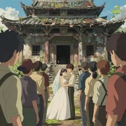 wedding in an abandoned temple, Rendering of a cinematic beautiful closeup moment of enemies standing facing away from each other, Pensive Lonely, full of details, by Makoto Shinkai and thomas kinkade, Matte painting, trending on artstation and unreal engine Martin Aitchison,Robert Ayton,John Berry,Frank Hampson,Robert Lumley,William Murray, B.H. Robinson, Gerald Whitcomb,Harry Wingfield, Eric Winter, Sep. E. Scott
