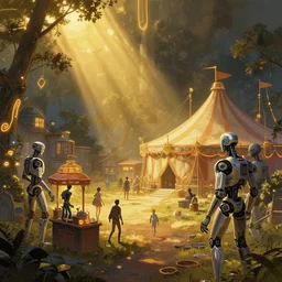 close - up of cyborgs exploring small town amusement, open landscape, neo vendors, cyberpunk big top circus tent, highly detailed, golden rays of sunlight, dark trees, gold neon lights, digital painting, concept art, matte, art by ruan jia and wlop and greg rutkowski and makoto shinkai, masterpiece