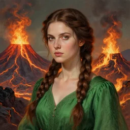 druidic woman with braided brown hair, wearing a green blouse, highly detailed, intricate, in the style of ilya kuvshinov and wlop, blazing infero, volcano landscape