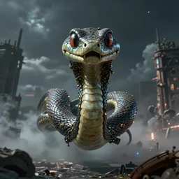 Abstract tech action scene of a steampunk snake flying over ruins by night, horror, volumetric clouds and fog, focus, detailed, realistic eyes looking at camera, symmetric body features proportions, intricate details, award winning, unreal render, by Tom Bagshaw