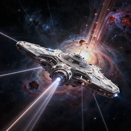 spaceship orbiting a bizarre alien planet, sublime but intricate design, laser beams shooting by, pillars of creation nebula in background, starfield in background, style of Tyler Edlin