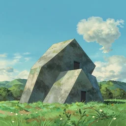beautiful landscape, geometric structure by hayao miyazaki