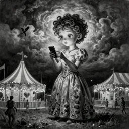 By Tom Bagshaw, ultra realist soft painting of curiosity carnival by night, Choco in long dress looking into social networks for love, symmetry accurate features, very intricate details, ominous sky, black and white, volumetric light clouds