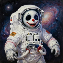 michal karcz surrealism Pastel painting of the end of an astronaut happy in the galaxy. , in the style of jack skellington, in the style of a clown, loony toons style, love theme, detailed, elegant, intricate, 4k, Renaissance painting