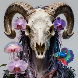 goddess close - up portrait, ram skull, squid phoenix jellyfish, orchid, betta fish, bioluminiscent, intricate artwork by tooth wu and wlop and beeple. trending on artstation, greg rutkowski very coherent symmetrical artwork. matt colors cinematic, hyper realism, high detail, octane render, 8 k