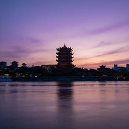 a photo of wuhan, river, sunset, purple sky, cinematic, 8 k, highly - detailed
