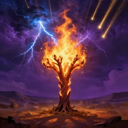A photo of the burning bush, fire from sky, blue lightnings, dramatic purple thunders, golden meteors, dramatic shadows, powerful photo, magic, dramatic lighting, intricate, wild, highly detailed, digital painting, artstation, concept art, smooth, sharp focus, illustration, art by artgerm and greg rutkowski and alphonse mucha, footage