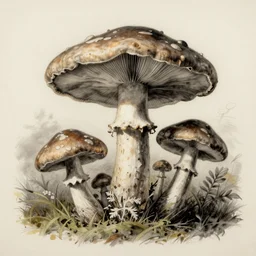 Ecology sketch of radioactive mushrooms. Darwin 18th century manuscript of evolution