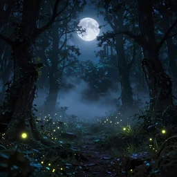 neo-gothic bioluminescent woodland details, moonlit nightscape, bioluminescent fireflies, layered fog, moody volumetric lighting, photorealistic digital arts, 8K