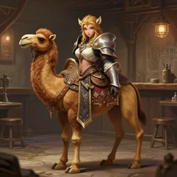 full body photograph of a female anthro camel fursona paladin in a tavern, deep focus, intricate, elegant, highly detailed, digital painting, artstation, concept art, matte, sharp focus, illustration, d & d, fantasy, hearthstone, art by artgerm and greg rutkowski and alphonse mucha