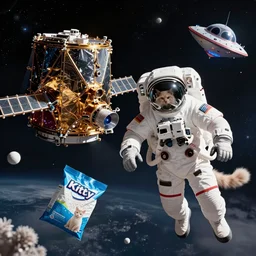 Deep space, epic, the James Webb Telescope, an action sequence of an astronaut ((cream colored Maine Coon kitten)) space walk, an unopened bag of kitty litter floats nearby, in the background friendly cute alien spacecraft, digital art, 4K, 8K, road trip exciting