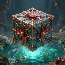 symmetry!! a manufactured magic medieval epic mystical aqua green canal blue bronze red of cube levitate, floral!, elegant, highly detailed, magic surge, intricate, unreal engine 5, concept art ， by greg rutkowski, loish, highly rendered, digital painting, artstation hq