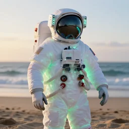 glowwave astronaut in beach, au naturel, hyper detailed, digital art, trending in artstation, cinematic lighting, studio quality, smooth render, unreal engine 5 rendered, octane rendered, art style by klimt and nixeu and ian sprigger and wlop and krenz cushart.