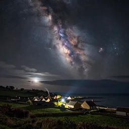 a beautiful double exposure of the astronomy picture of the day, nebula, with a rural seaside village landscape at night, moonlit, chimney smoke, long exposure clouds