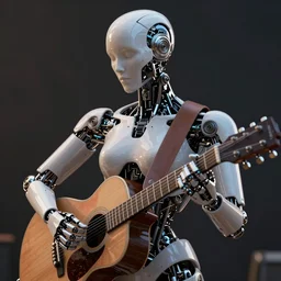 cyborg playing a guitar, very beautiful, intricate, medium shot, cinematic lighting, highly detailed, digital art, octane render, unreal engine, 4 k,